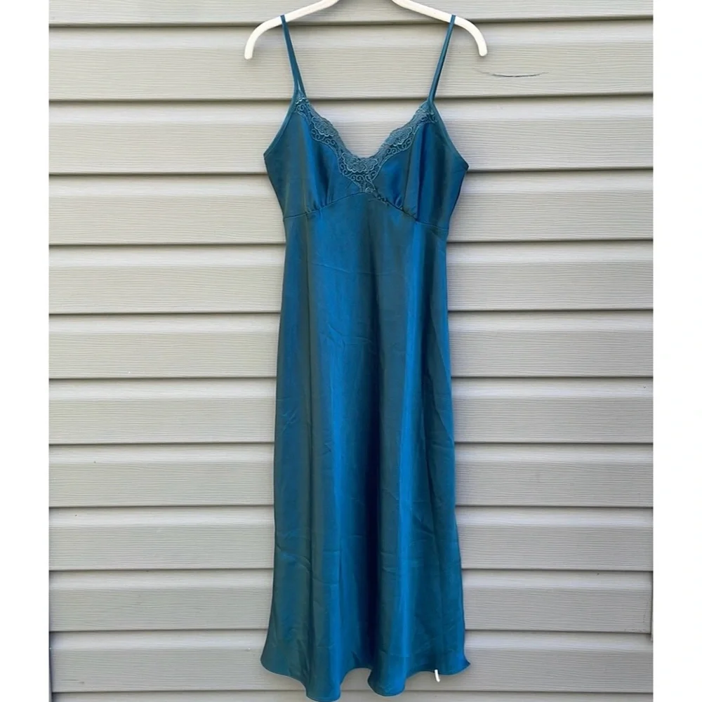 Teal Silky Lace Trim Slip Nightgown